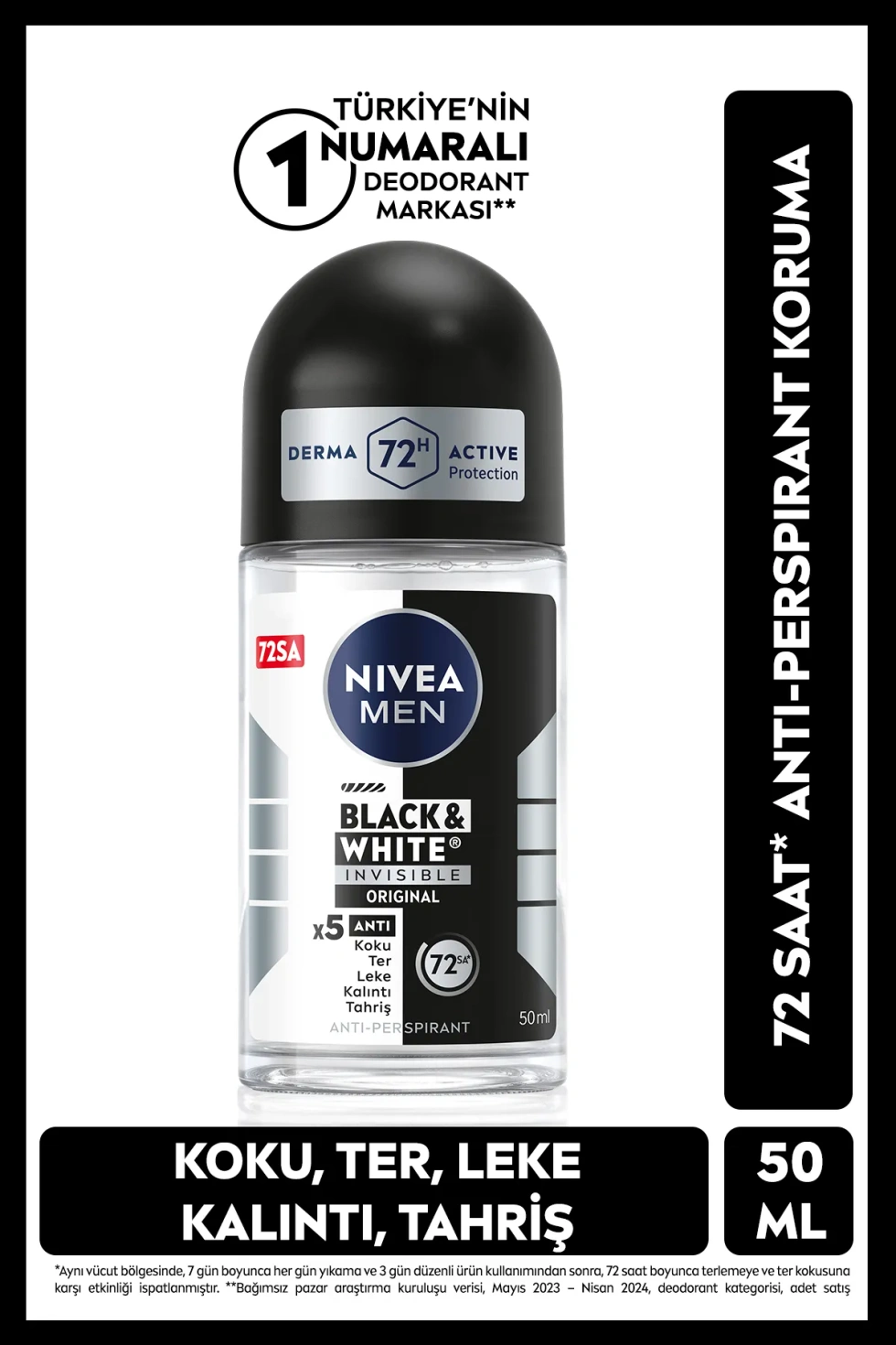 MEN Erkek Roll On Deodorant Black&White Invisible Original 48 Saat Anti-perspirant Koruma 50ml