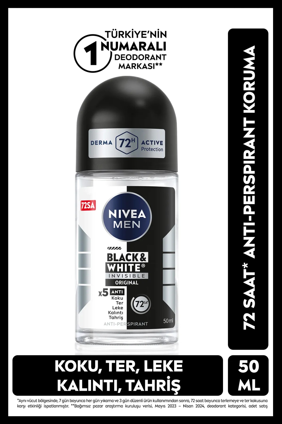 MEN Erkek Roll On Deodorant Black&White Invisible Original 48 Saat Anti-perspirant Koruma 50ml
