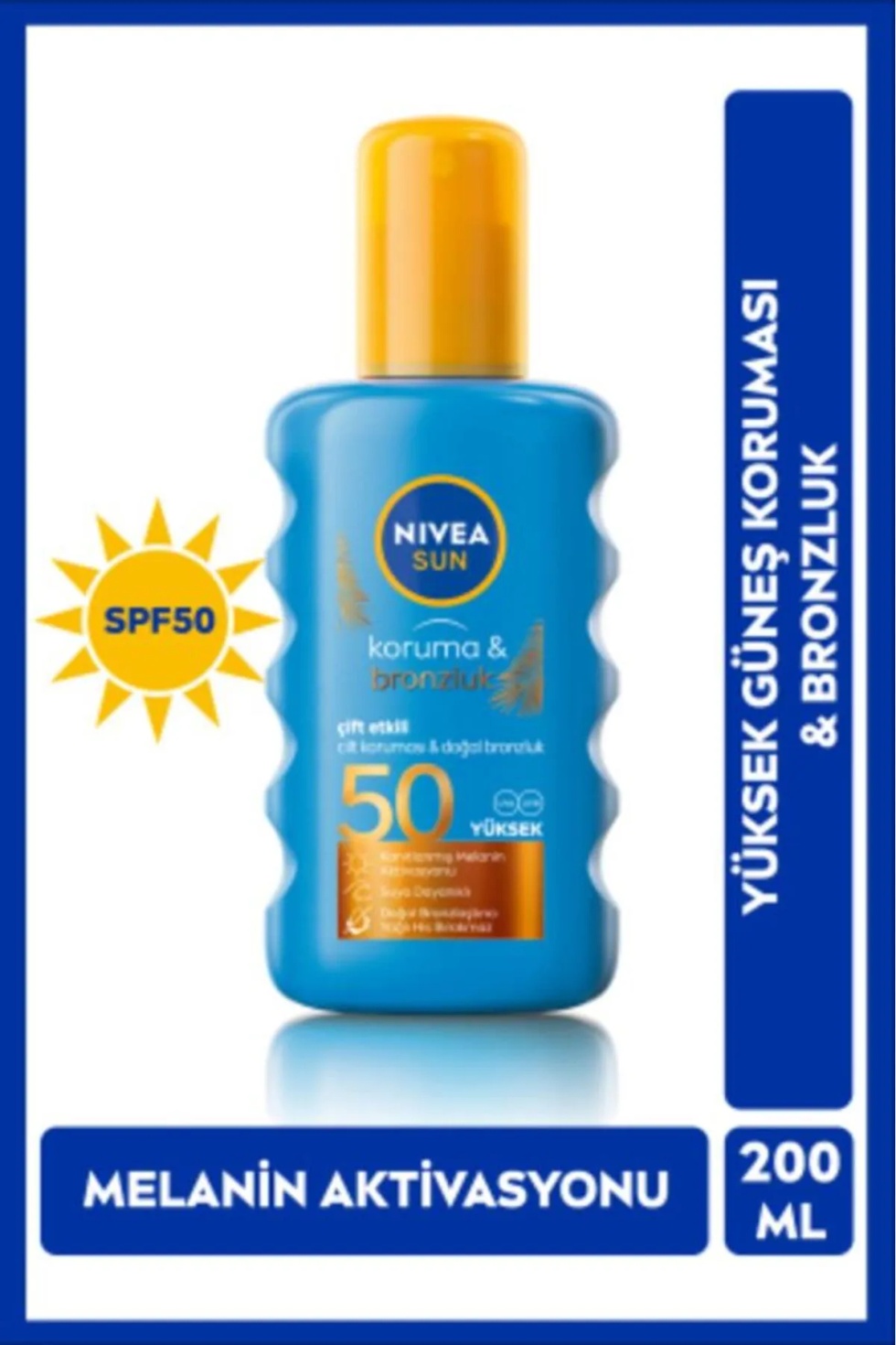 SUN Çift Etkili Yüksek Koruma ve Bronzluk Güneş Spreyi 200ml, SPF50, Doğal Bronzluk, Suya Dayanıklı